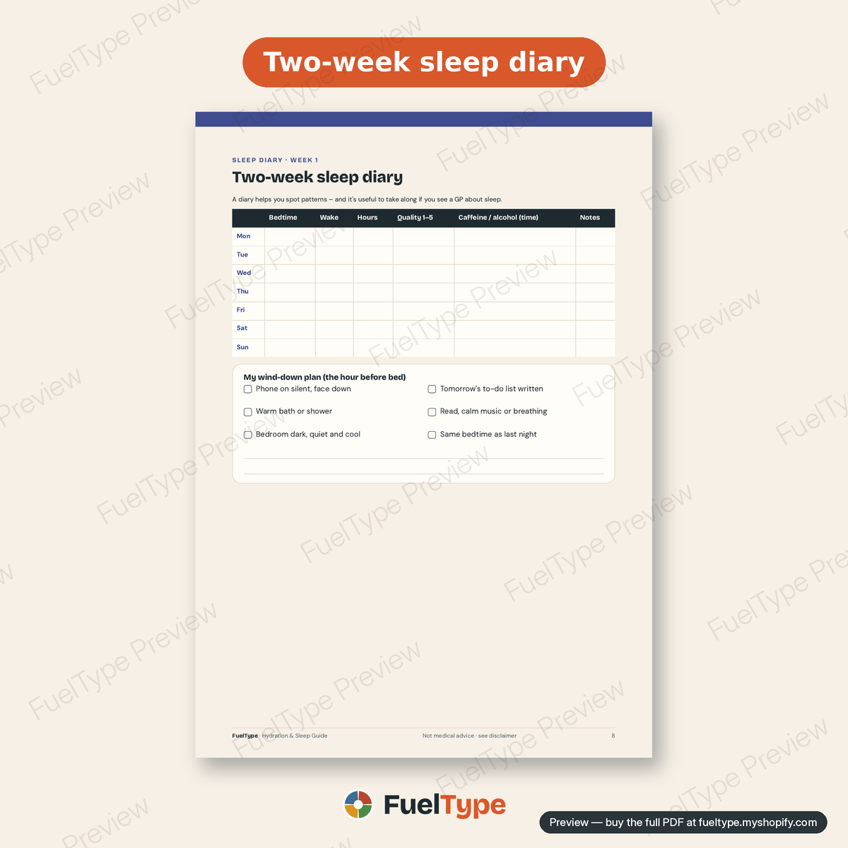 Hydration & Sleep Guide: inside page preview, Two-week sleep diary