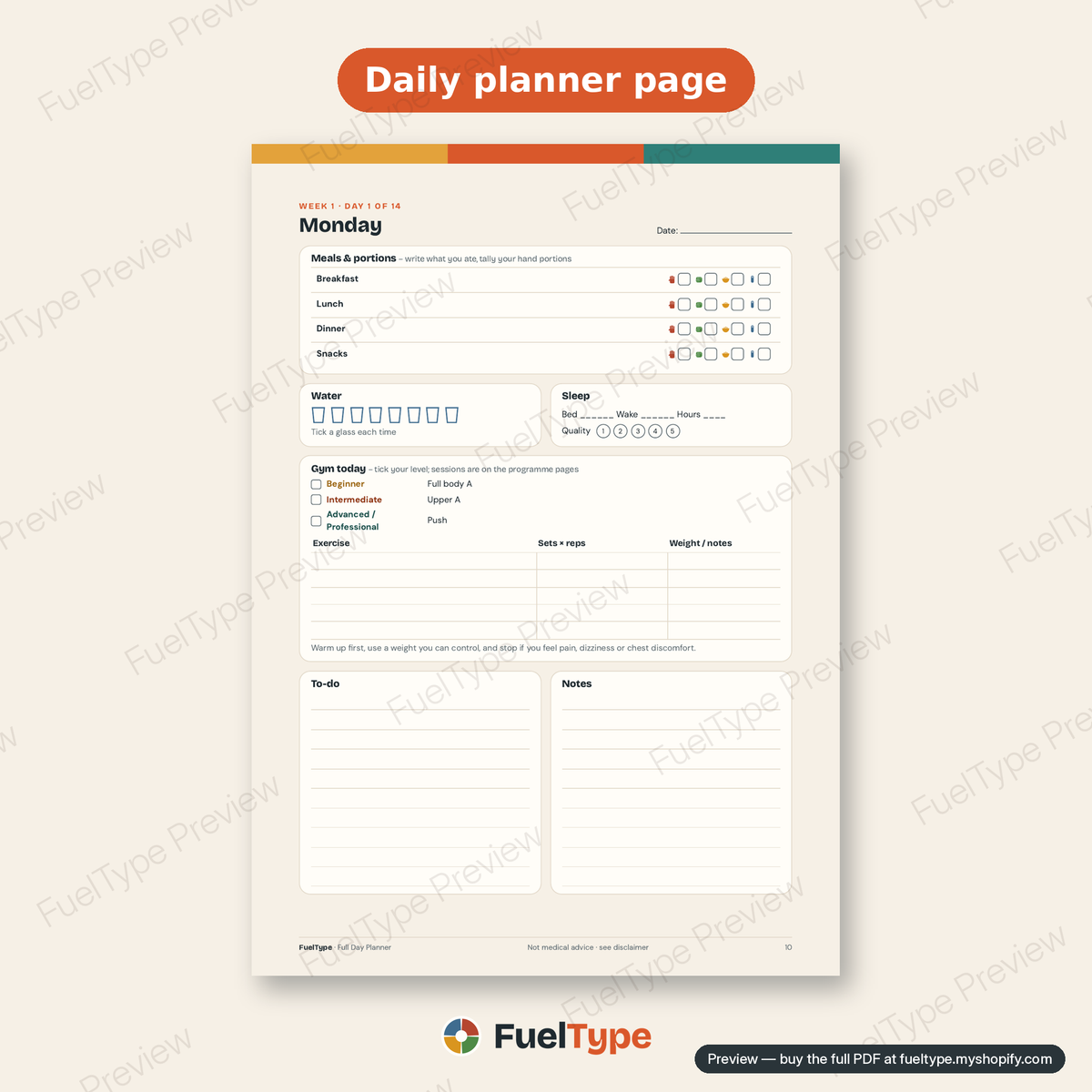 FuelType Complete Collection: inside page preview, Daily planner page