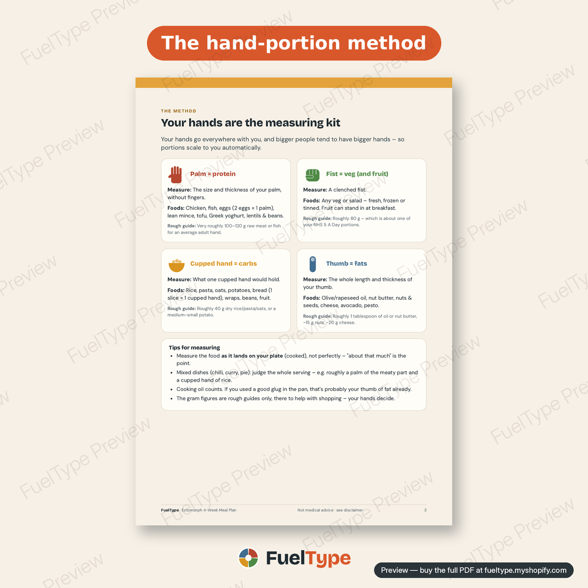 Ectomorph 4-Week Meal Plan: inside page preview, The hand-portion method