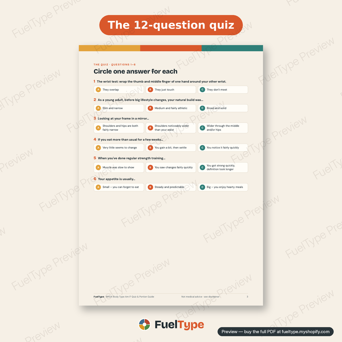 "Which Body Type Am I?" Quiz & Hand-Portion Guide (starter): inside page preview, The 12-question quiz