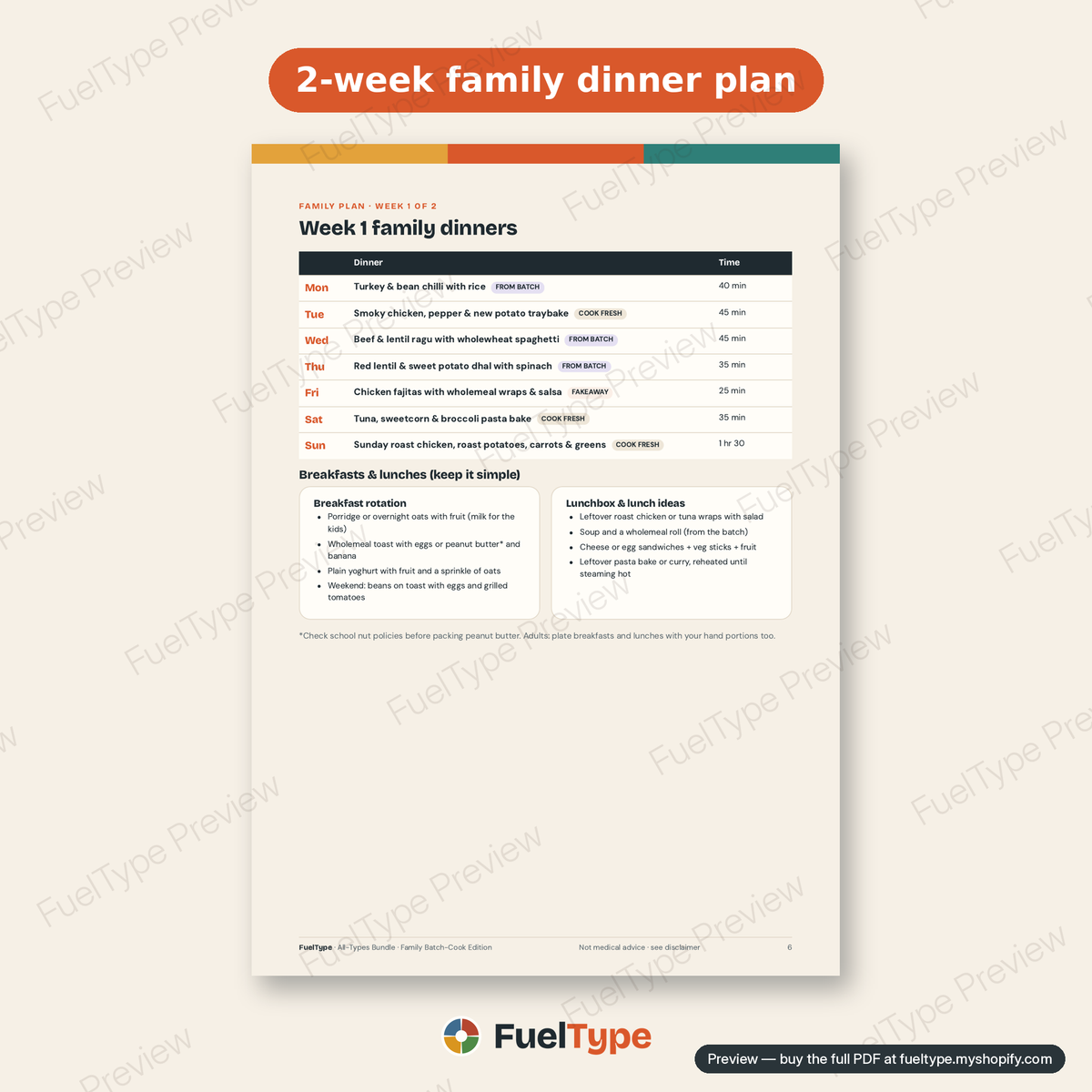 All-Types Bundle: inside page preview, 2-week family dinner plan