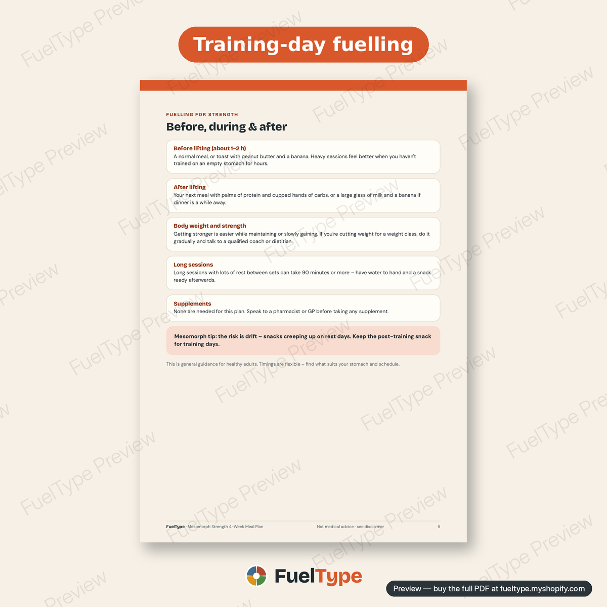 Mesomorph Strength 4-Week Meal Plan: inside page preview, Training-day fuelling