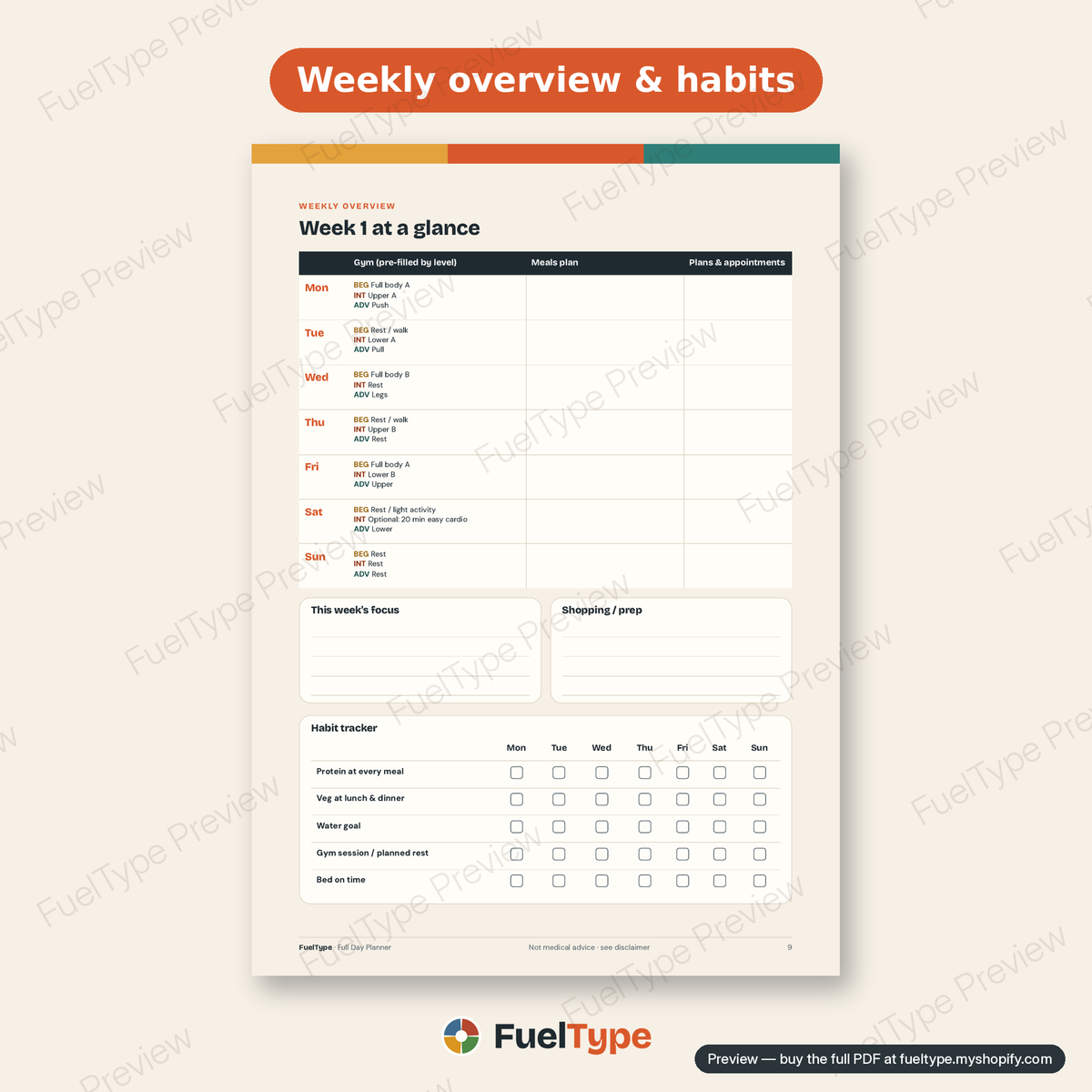 Full Day Planner: inside page preview, Weekly overview & habits