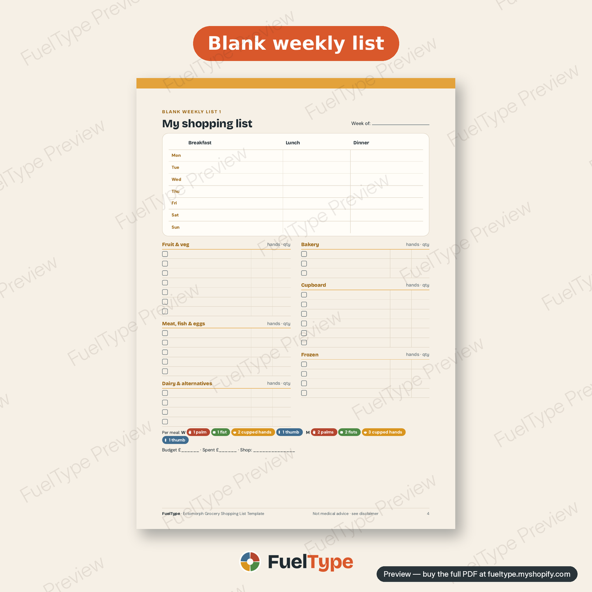 Ectomorph Grocery Shopping List Template: inside page preview, Blank weekly list