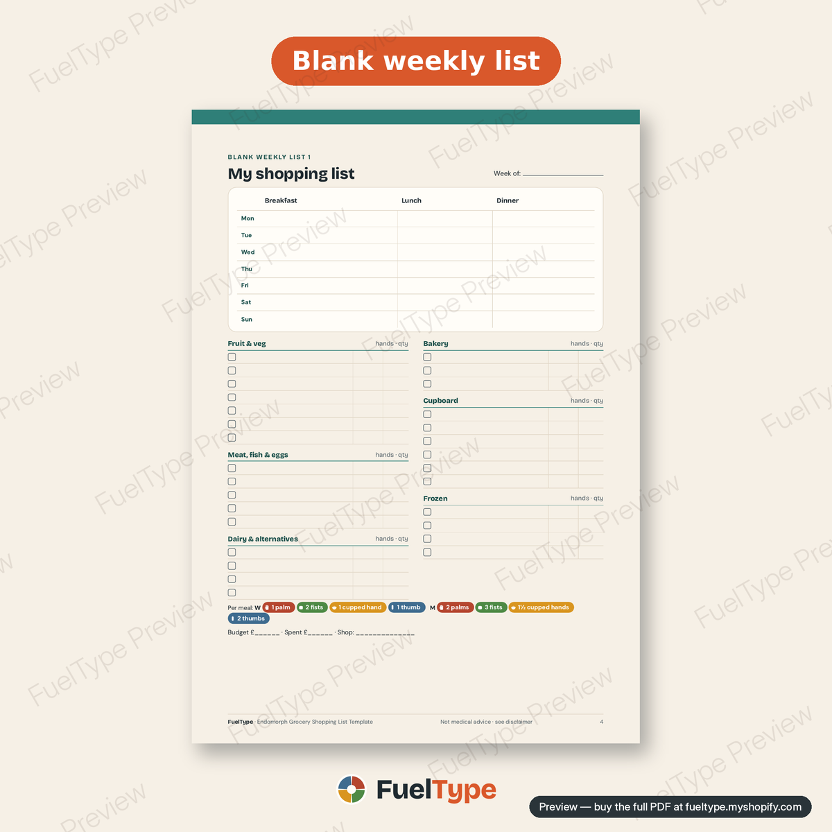 Endomorph Grocery Shopping List Template: inside page preview, Blank weekly list