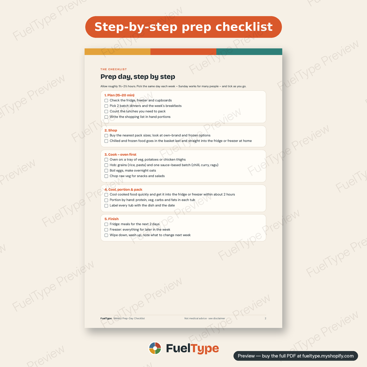 Weekly Prep-Day Checklist: inside page preview, Step-by-step prep checklist