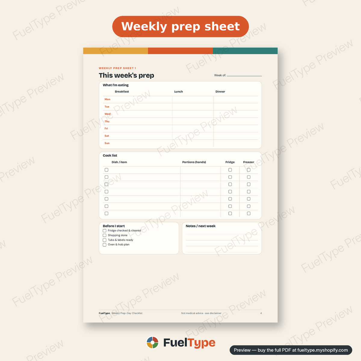 Weekly Prep-Day Checklist: inside page preview, Weekly prep sheet