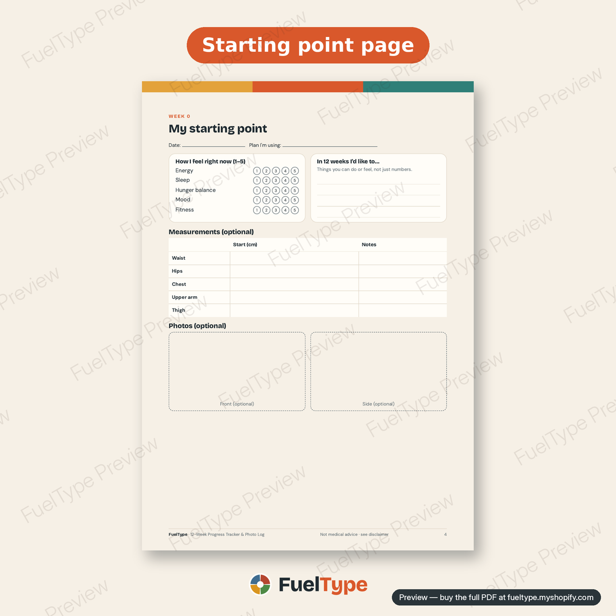 12-Week Progress Tracker & Photo Log: inside page preview, Starting point page