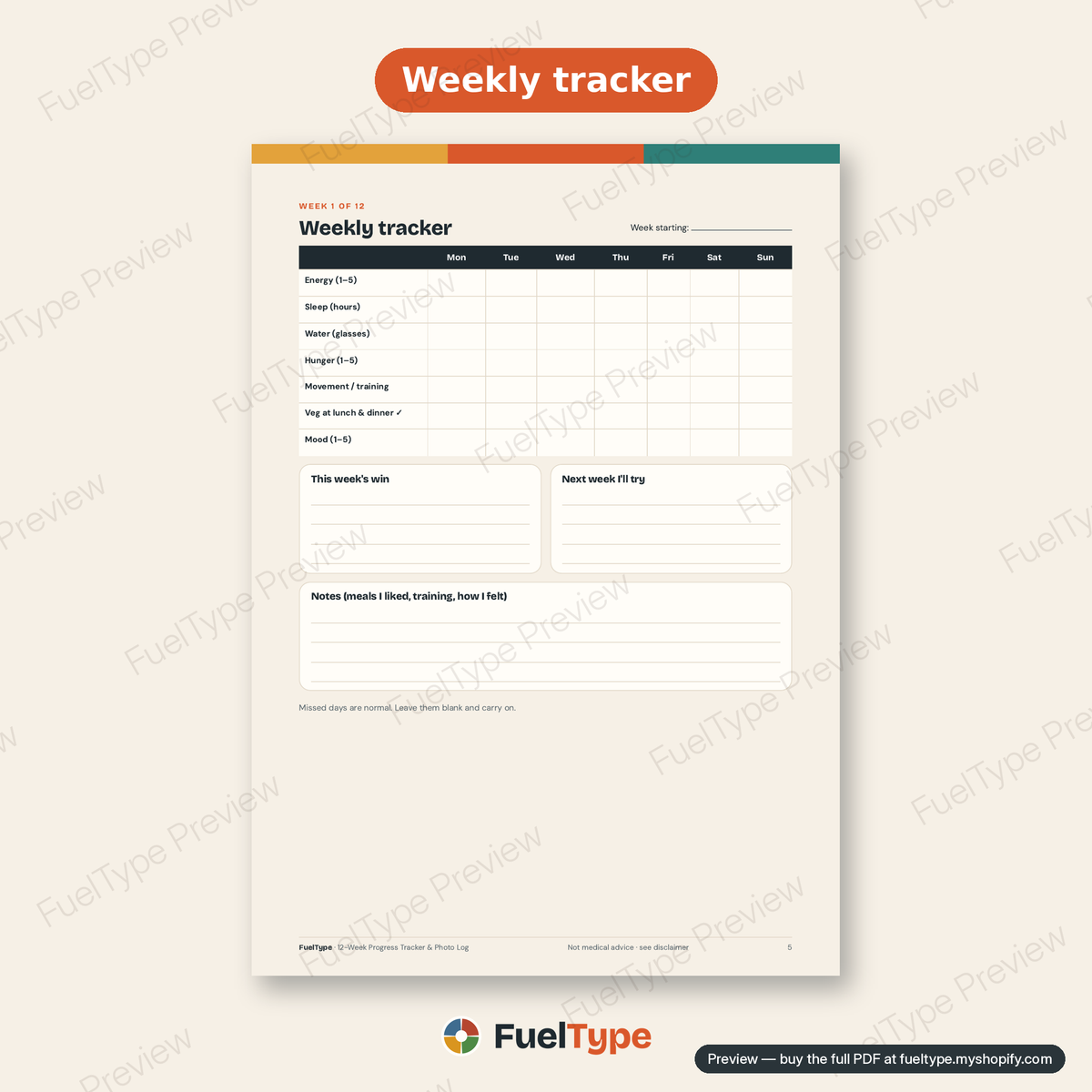 12-Week Progress Tracker & Photo Log: inside page preview, Weekly tracker