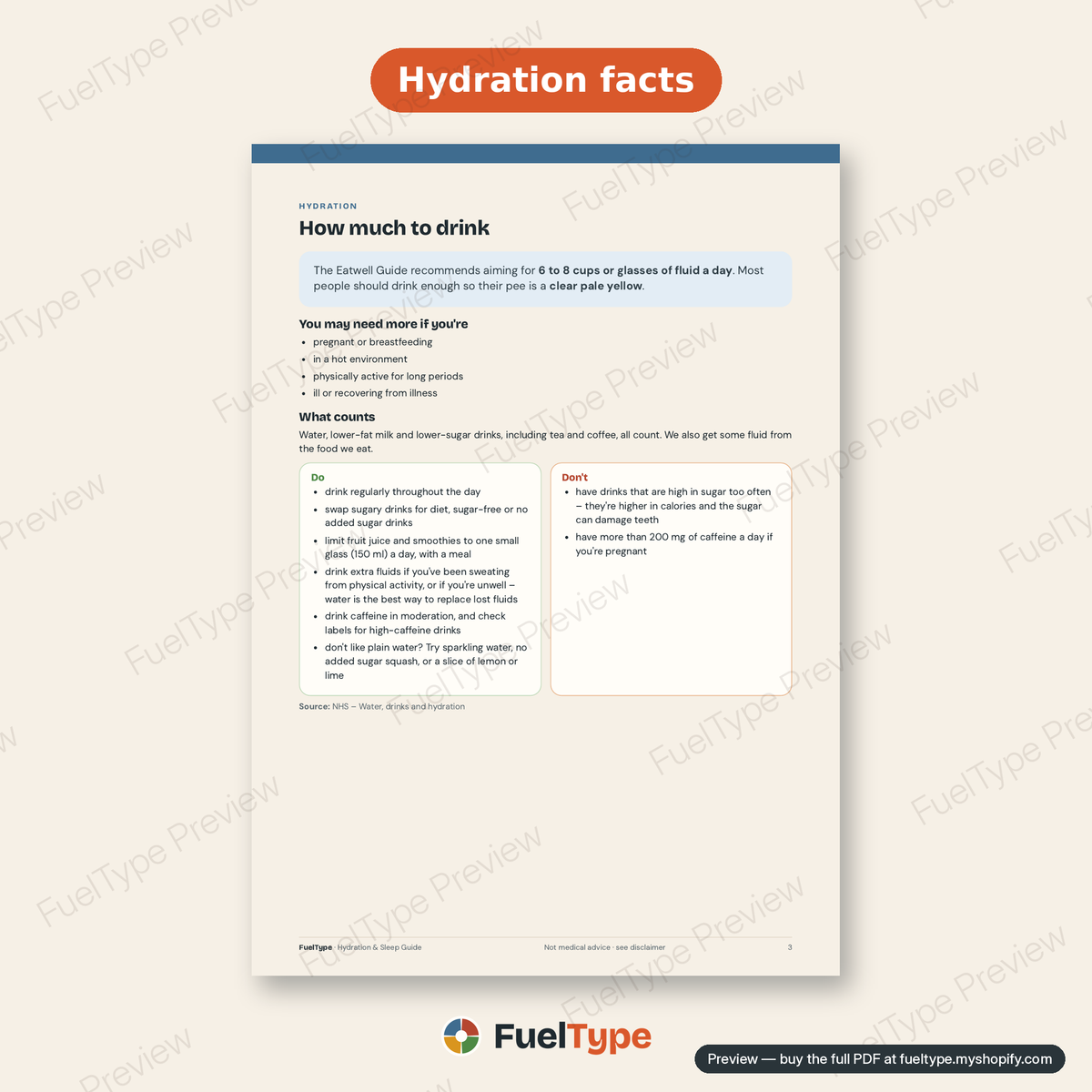 Hydration & Sleep Guide: inside page preview, Hydration facts