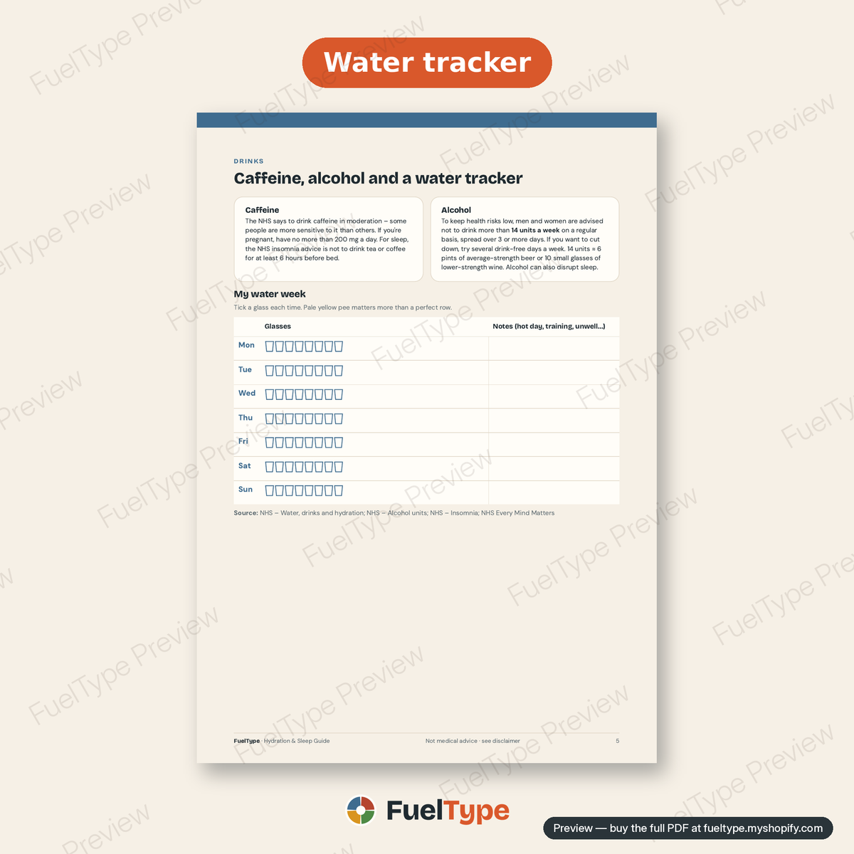 Hydration & Sleep Guide: inside page preview, Water tracker
