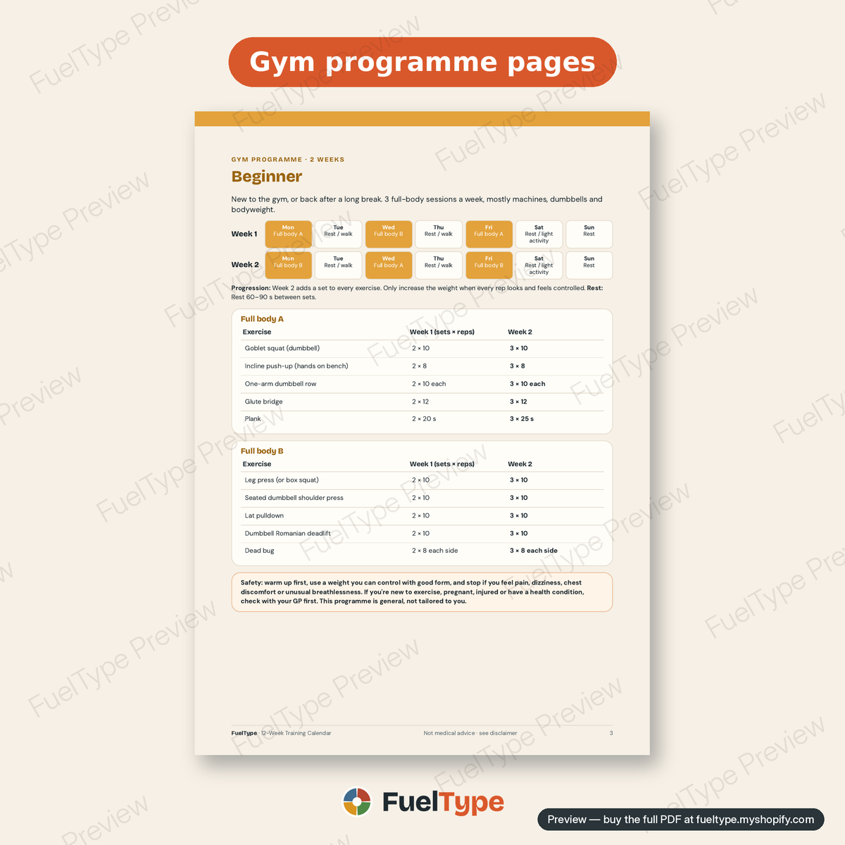 12-Week Training Calendar: inside page preview, Gym programme pages