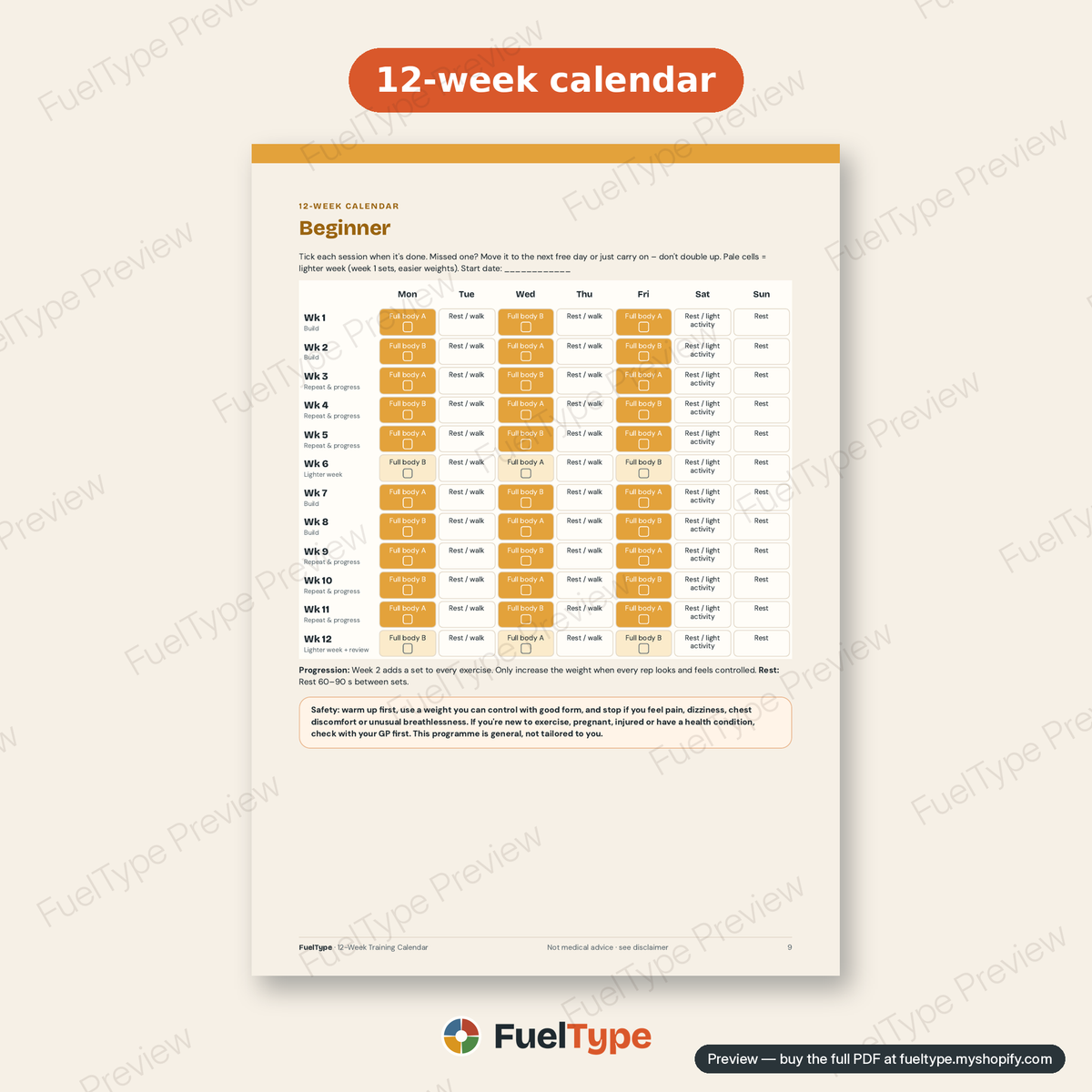 12-Week Training Calendar: inside page preview, 12-week calendar