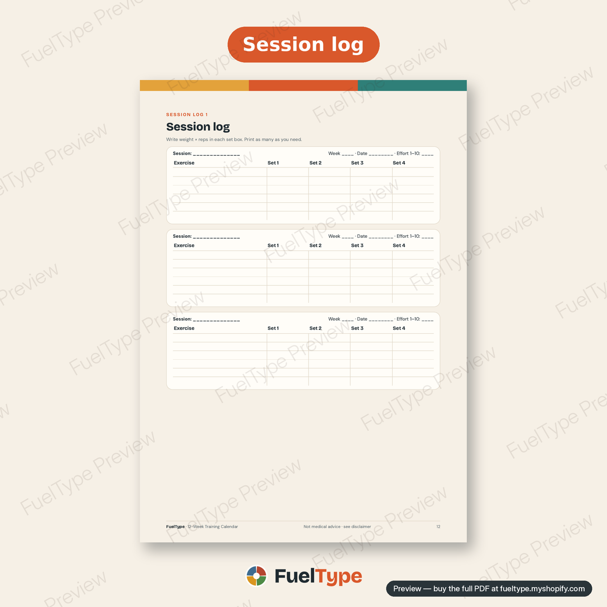 12-Week Training Calendar: inside page preview, Session log