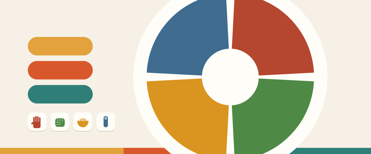Illustration of a plate divided into four coloured sections (blue, red, yellow and green) next to hand-portion icons for a palm, fist, cupped hand and thumb